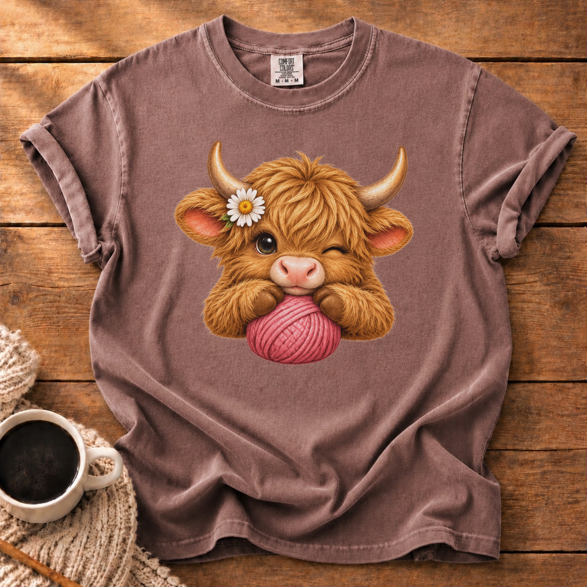 Pink Yarn Highland Cow T-Shirt